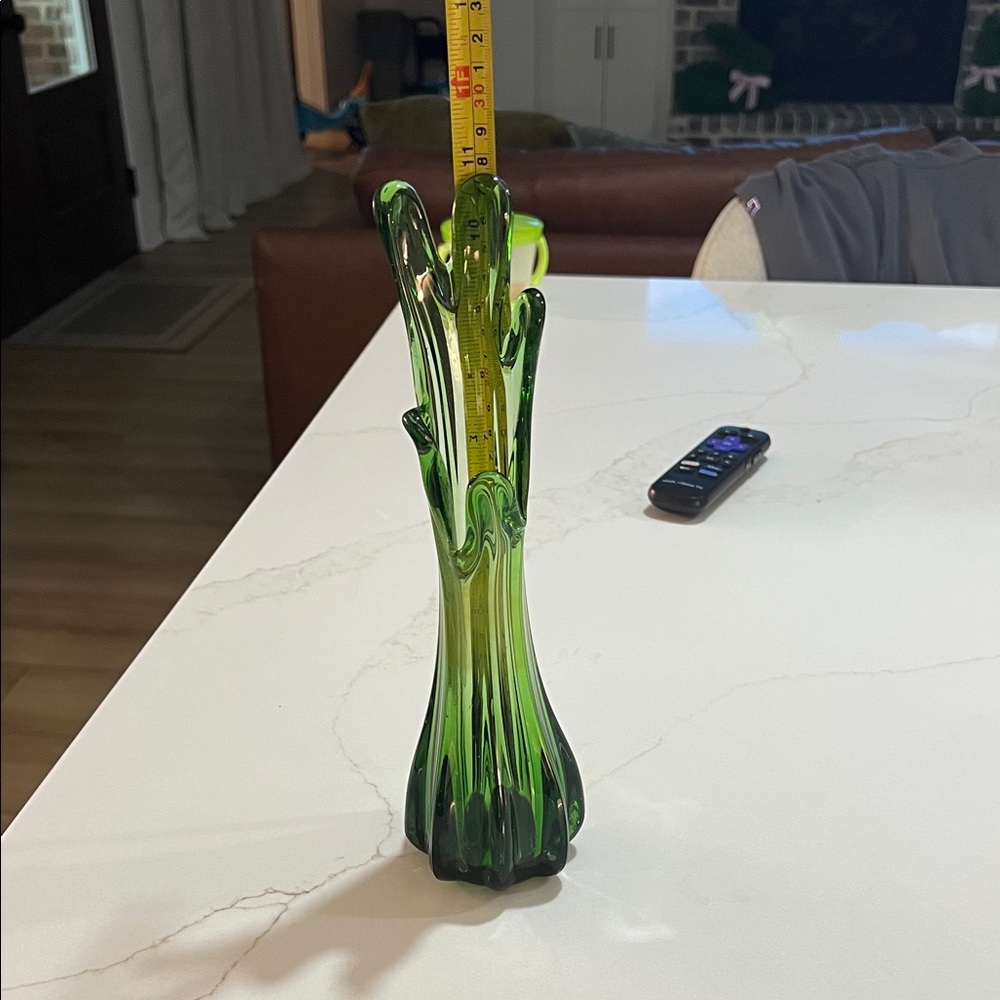 10.5” glass swung 5 finger green vase